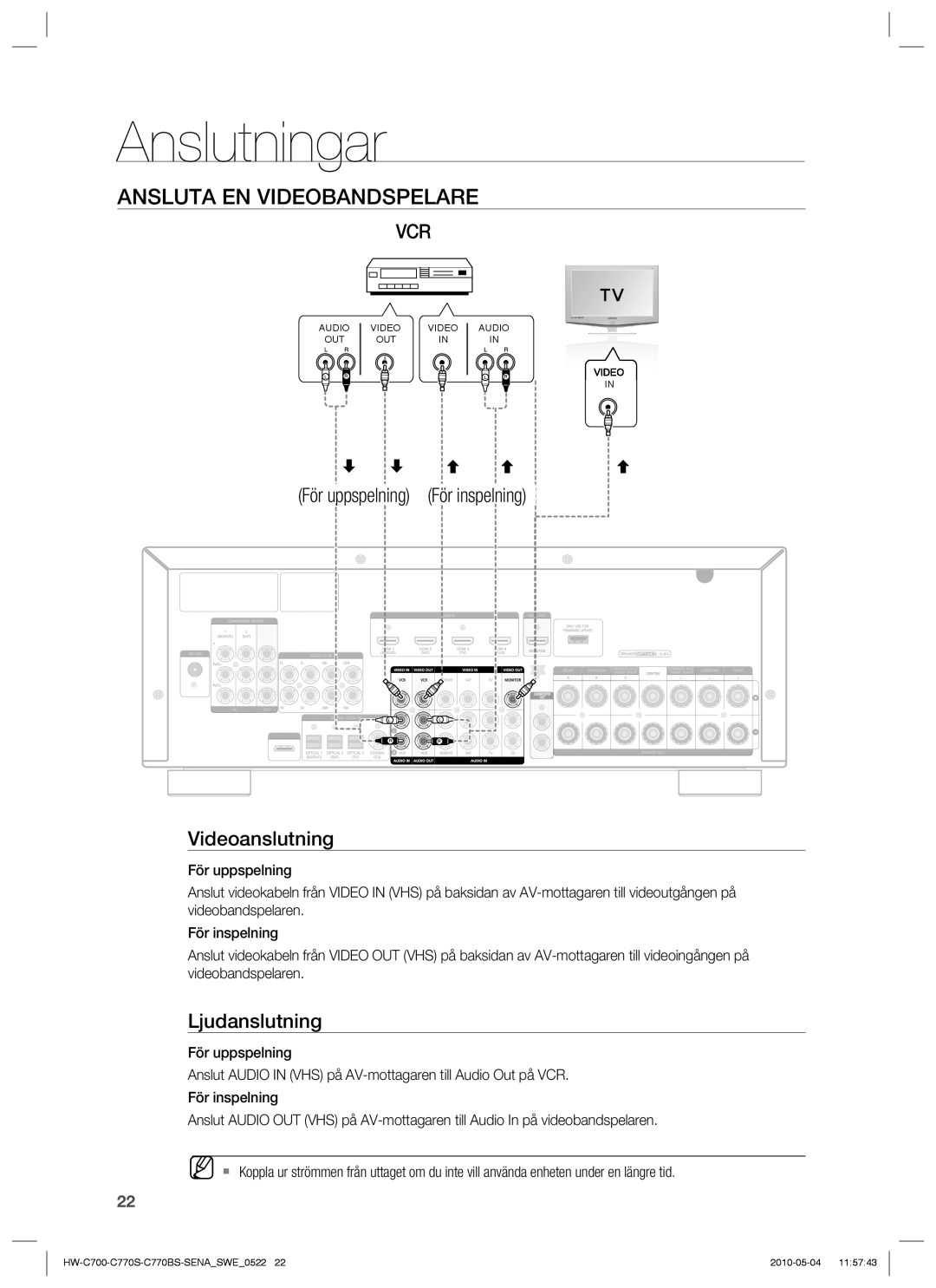 Samsung HW-C700B/XEE, HW-C770S/XEE, HW-C700/XEE Ansluta EN Videobandspelare, För uppspelning För inspelning Videoanslutning 