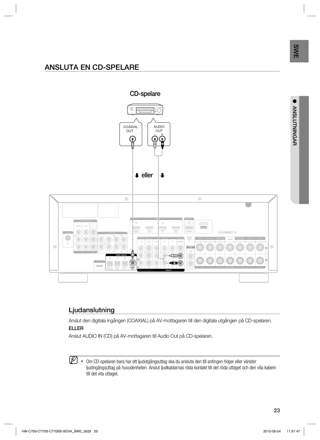 Samsung HW-C700/XEE, HW-C770S/XEE, HW-C700B/XEE manual Ansluta EN CD-SPELARE, CD-spelare 