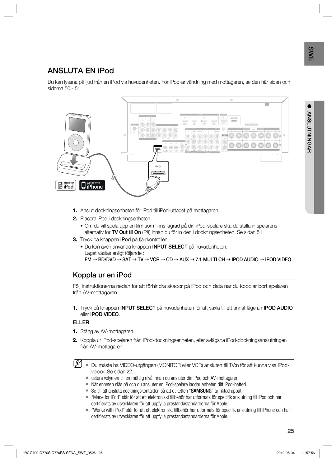 Samsung HW-C700B/XEE, HW-C770S/XEE, HW-C700/XEE manual Ansluta EN iPod, Koppla ur en iPod 