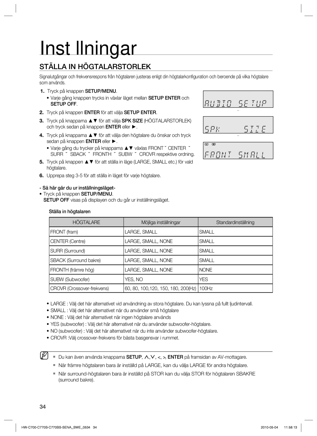 Samsung HW-C700B/XEE, HW-C770S/XEE, HW-C700/XEE manual Ställa in Högtalarstorlek 