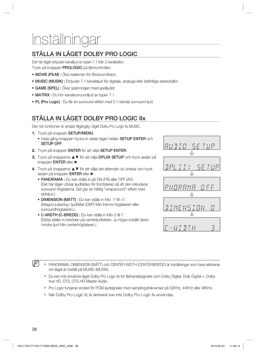 Samsung HW-C700/XEE, HW-C770S/XEE, HW-C700B/XEE manual Ställa in Läget Dolby PRO Logic 