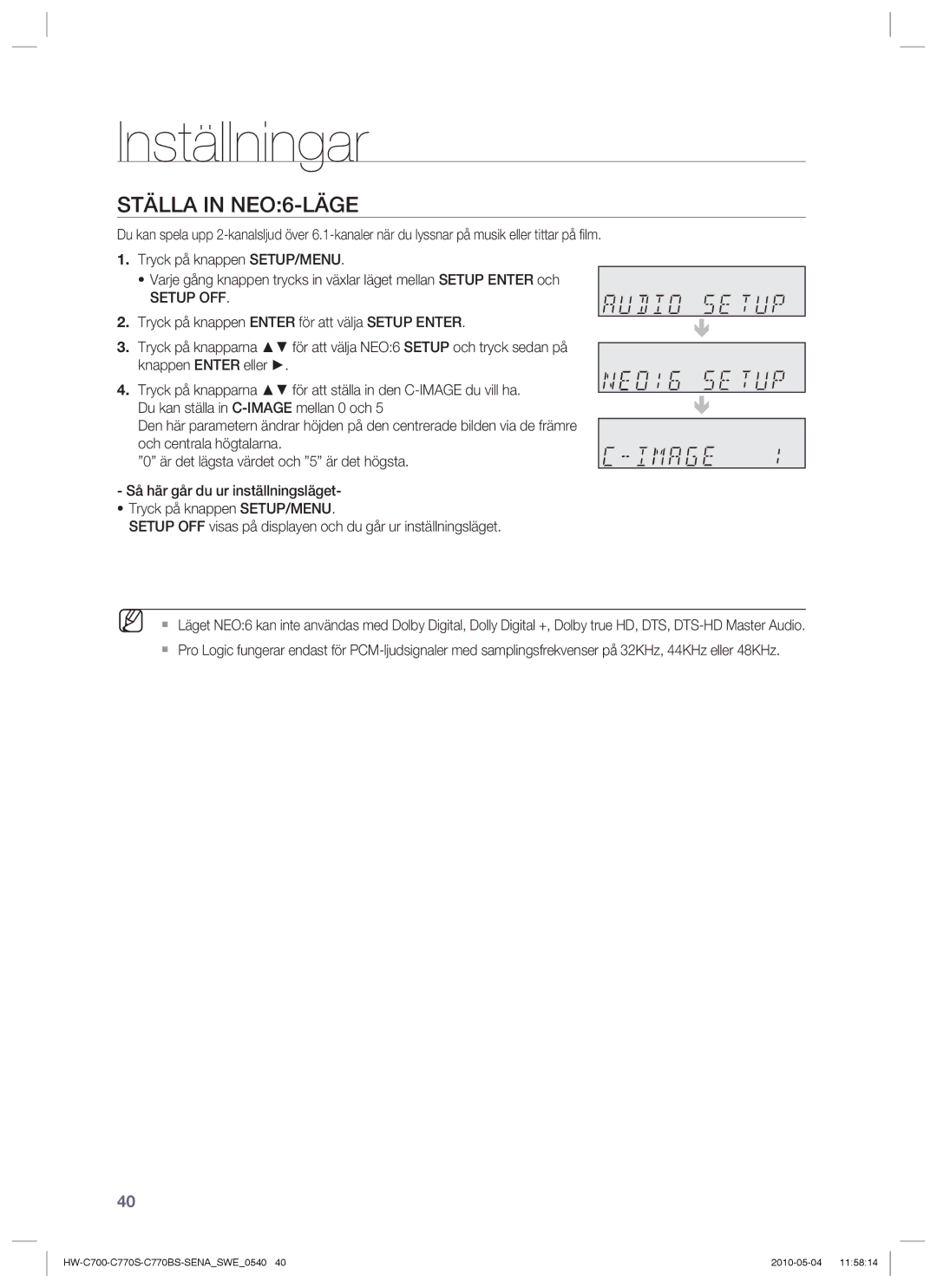 Samsung HW-C700B/XEE, HW-C770S/XEE, HW-C700/XEE manual Ställa in NEO6-LÄGE 