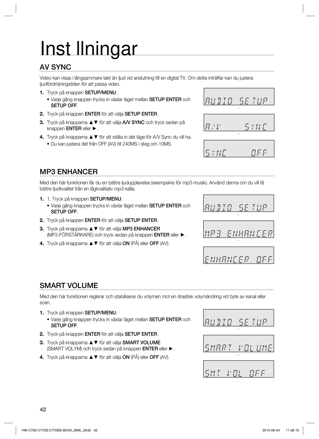 Samsung HW-C770S/XEE manual AV Sync, MP3 Enhancer, Smart Volume, Du kan justera det från OFF AV till 240MS i steg om 10MS 