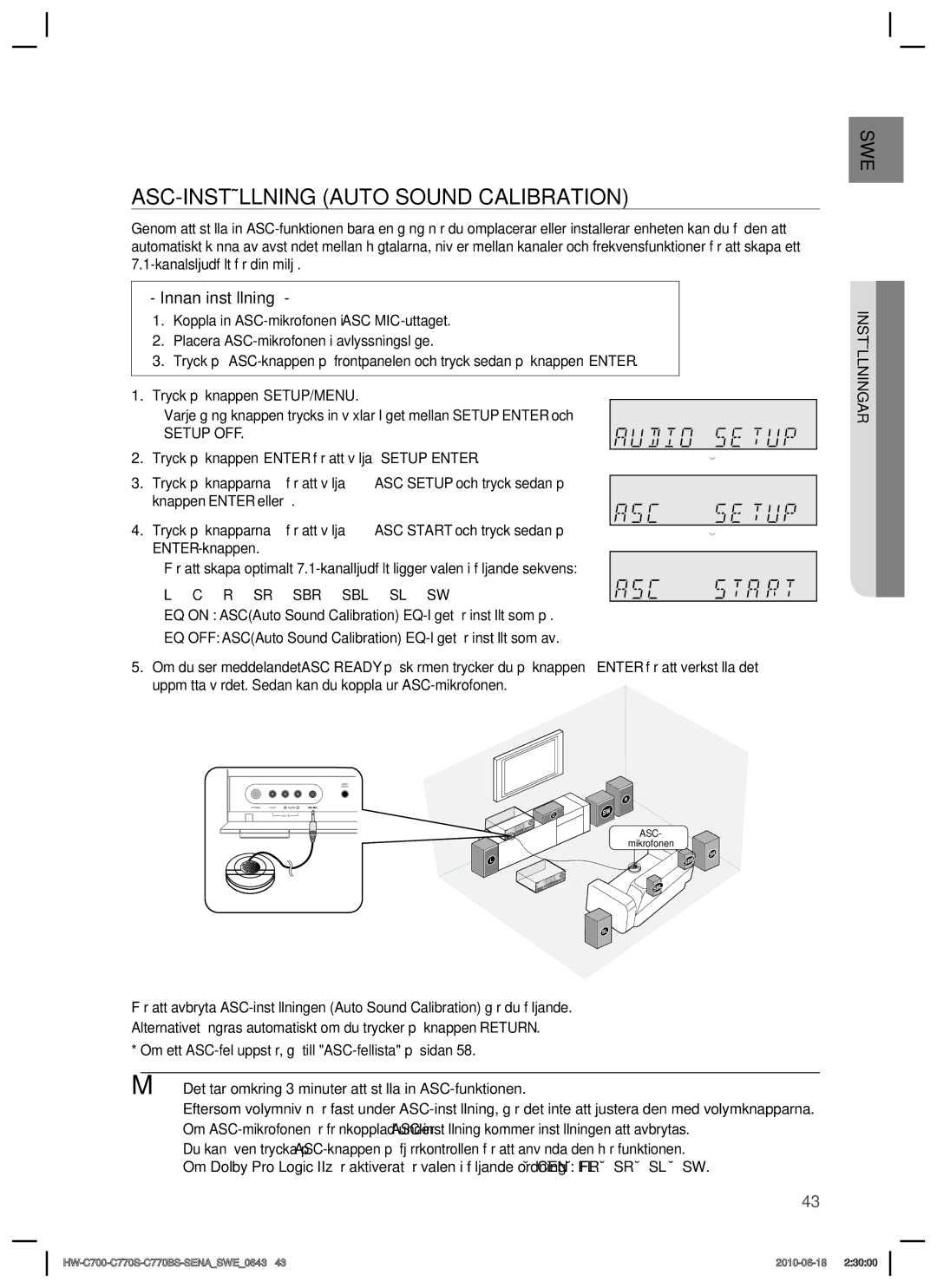 Samsung HW-C700B/XEE, HW-C770S/XEE, HW-C700/XEE manual ASC-INSTÄLLNING Auto Sound Calibration, Innan inställning 