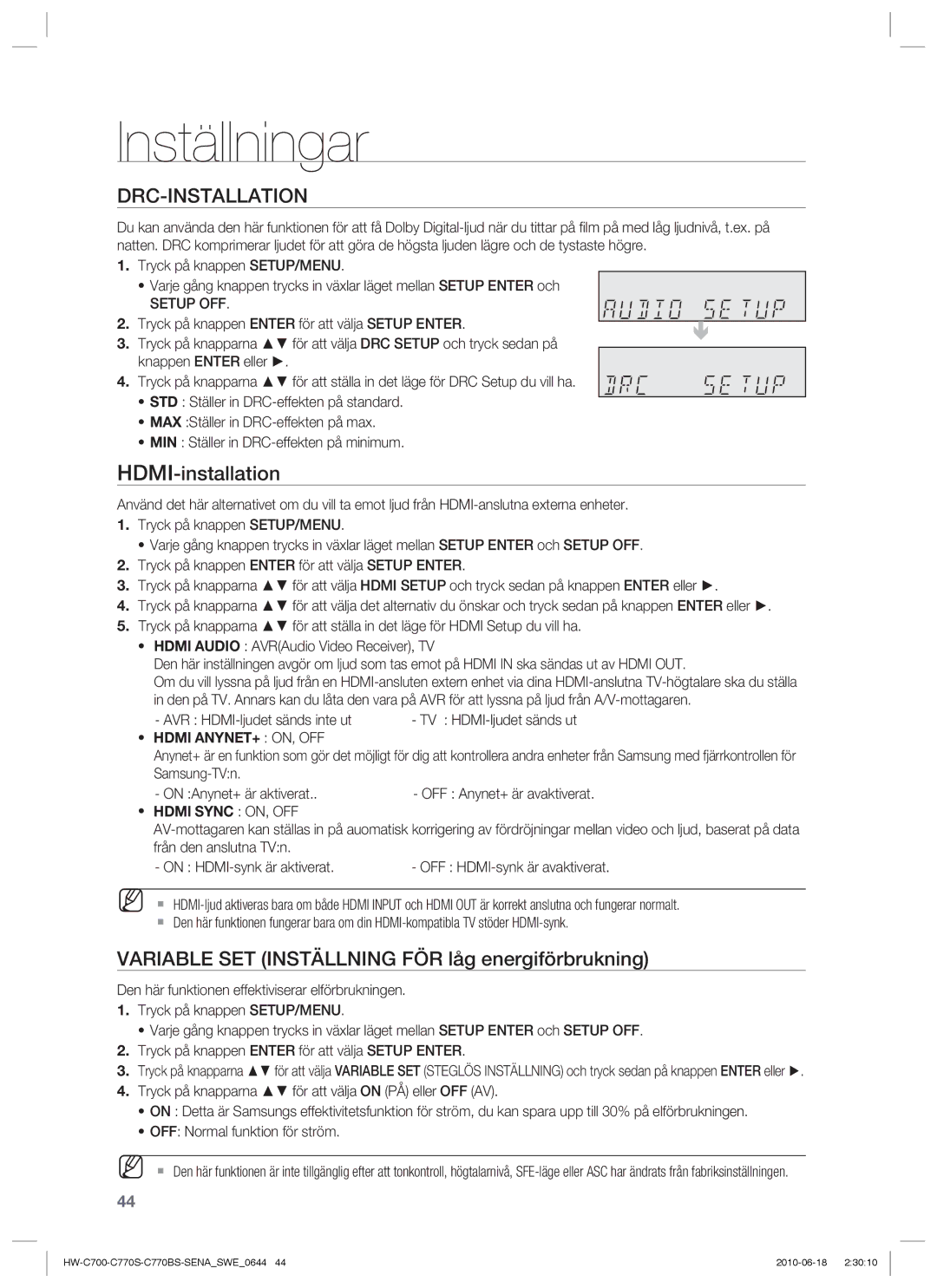 Samsung HW-C700/XEE HDMI-installation, Variable SET Inställning FÖR låg energiförbrukning, AVR HDMI-ljudet sänds inte ut 