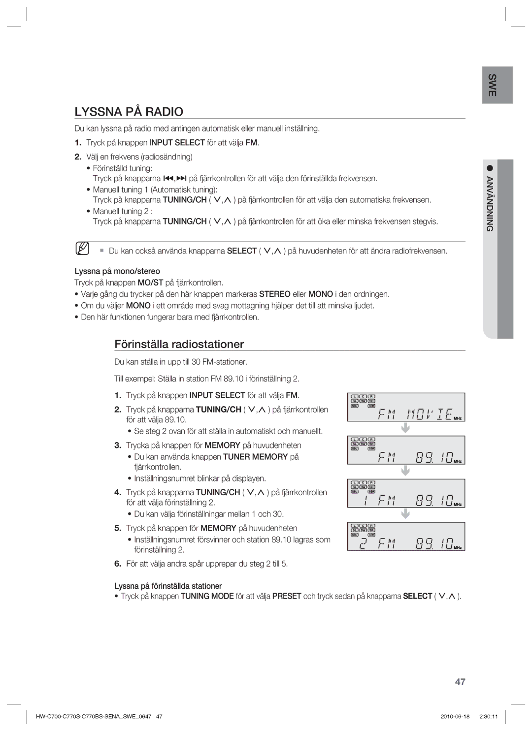 Samsung HW-C700/XEE, HW-C770S/XEE, HW-C700B/XEE manual Lyssna PÅ Radio, Förinställa radiostationer 