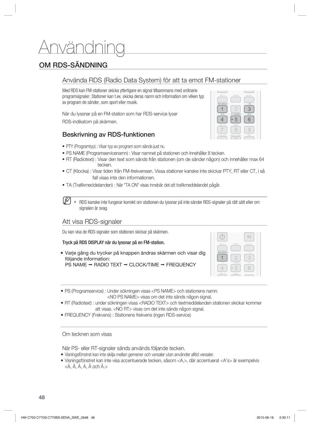 Samsung HW-C770S/XEE Om Rds-Sändning, Använda RDS Radio Data System för att ta emot FM-stationer, Att visa RDS-signaler 