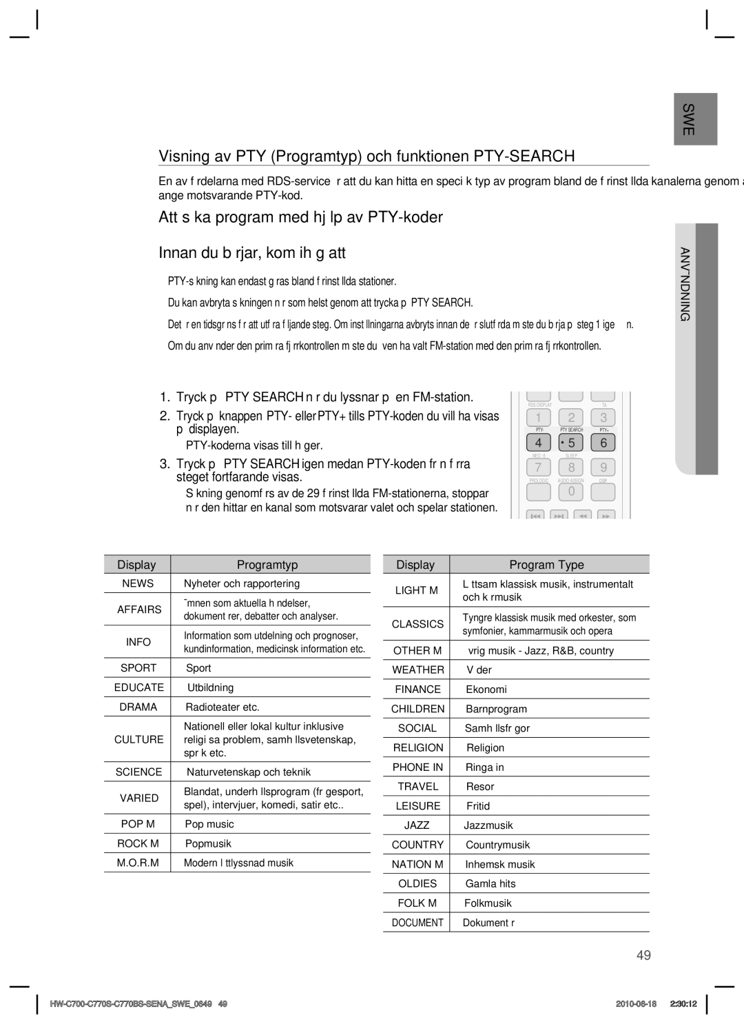 Samsung HW-C700B/XEE Visning av PTY Programtyp och funktionen PTY-SEARCH, PTY-koderna visas till höger, Display Programtyp 