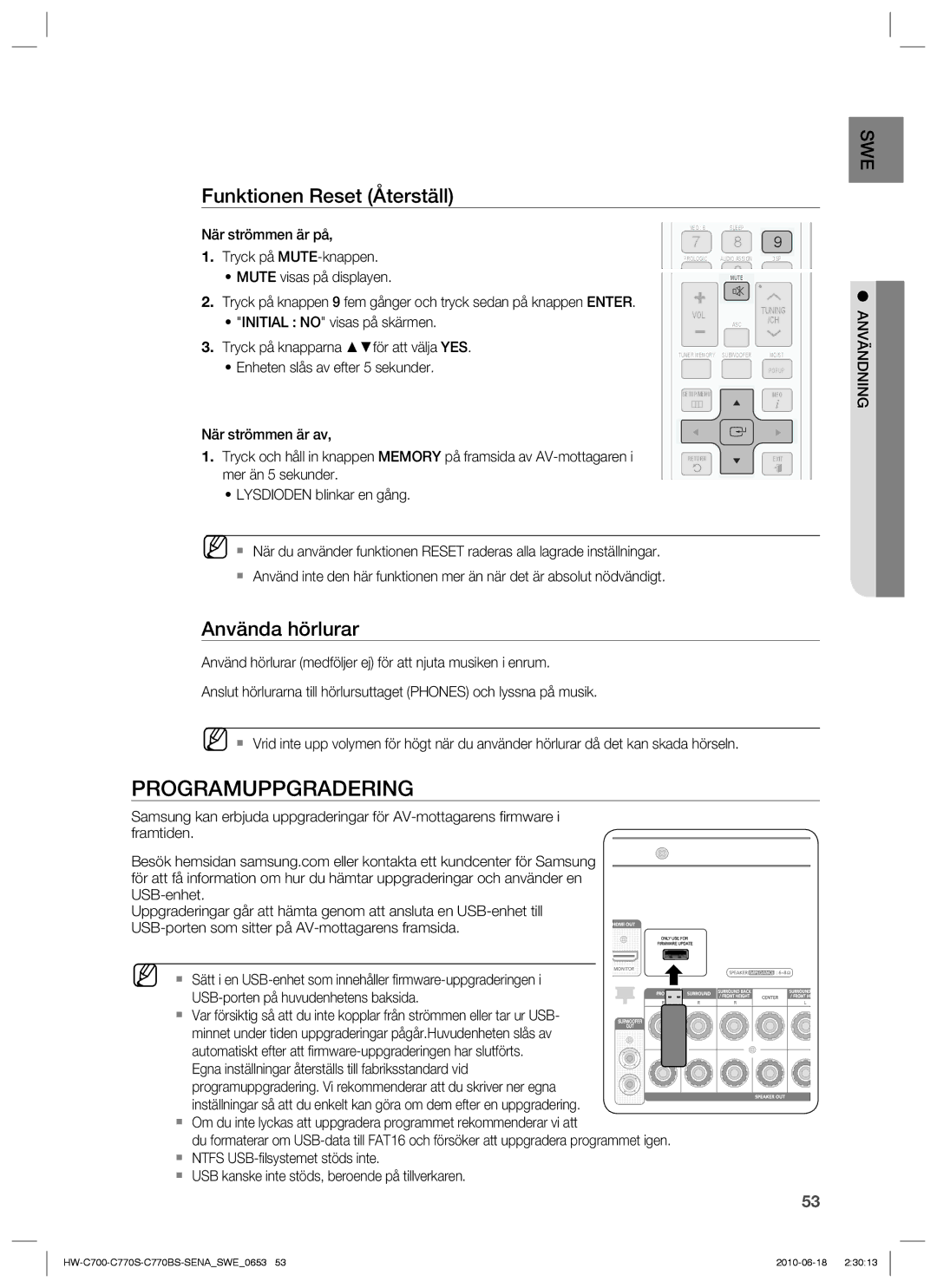 Samsung HW-C700/XEE, HW-C770S/XEE, HW-C700B/XEE manual Programuppgradering, Funktionen Reset Återställ, Använda hörlurar 