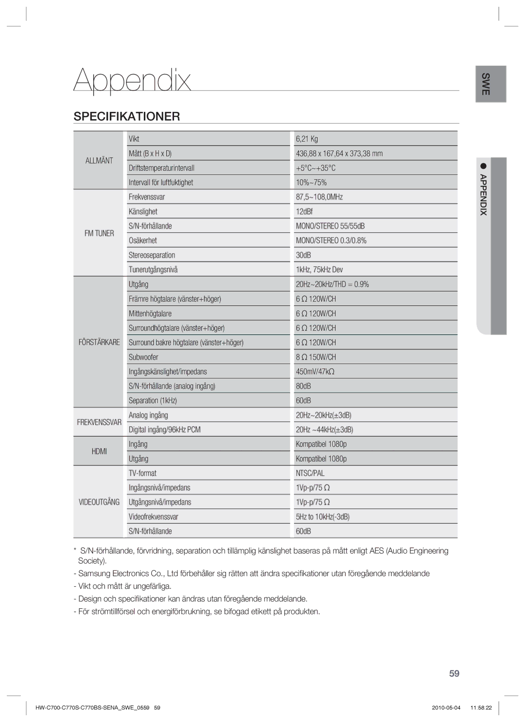 Samsung HW-C700/XEE, HW-C770S/XEE, HW-C700B/XEE manual Appendix, Specifikationer, Ntsc/Pal 