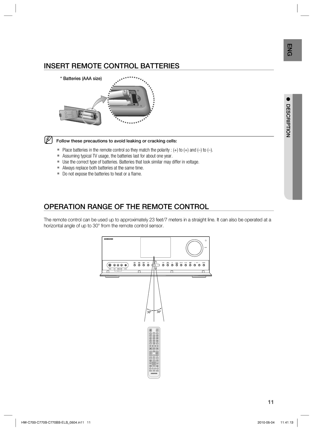 Samsung HW-C700/XEN, HW-C770S/XEN manual Insert Remote Control Batteries, Operation Range of the Remote Control, Description 