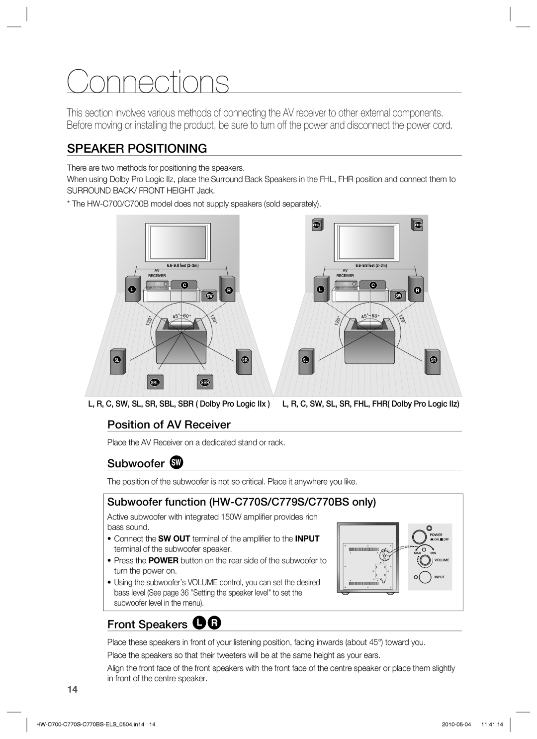 Samsung HW-C770S/XEE, HW-C770S/XEN Connections, Speaker Positioning, Position of AV Receiver, Subwoofer, Front Speakers 