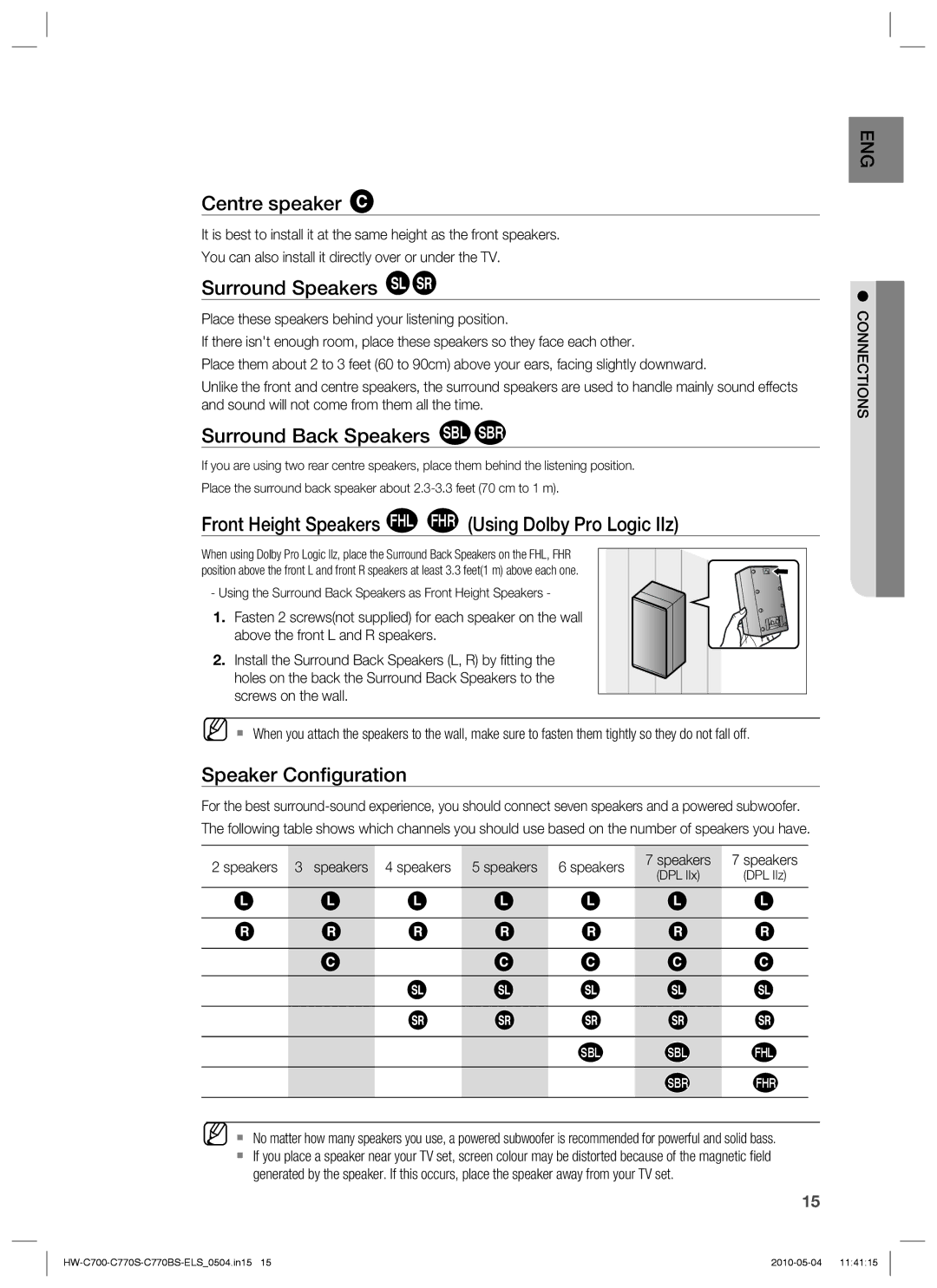 Samsung HW-C700B/XEE, HW-C770S/XEN Centre speaker, Surround Speakers, Surround Back Speakers SBL SBR, Speaker Conﬁguration 