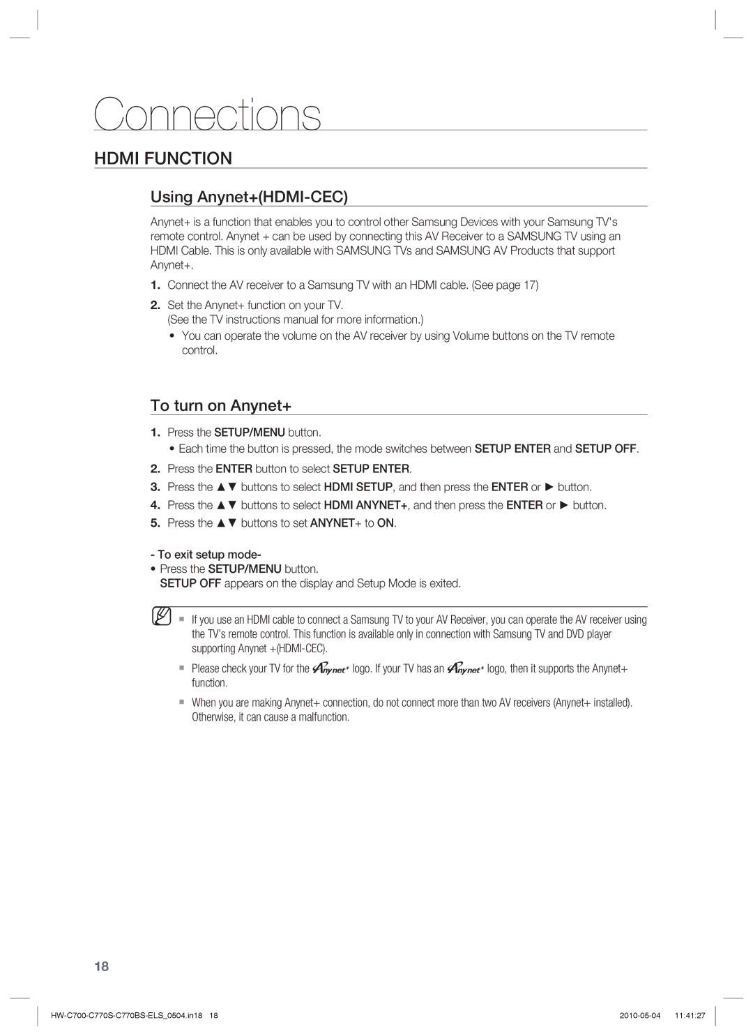 Samsung HW-C770S/XEN, HW-C700B/XEN, HW-C700/XEN, HW-C700/EDC manual Hdmi Function, Using Anynet+HDMI-CEC, To turn on Anynet+ 