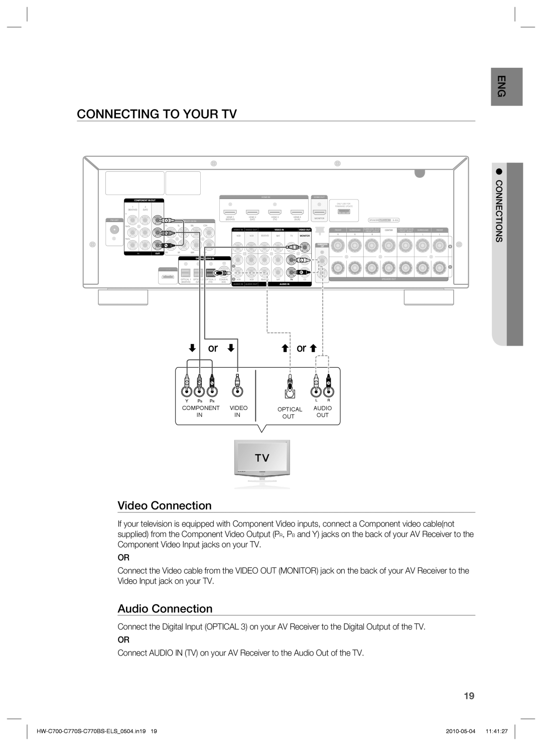 Samsung HW-C700B/XEN, HW-C770S/XEN, HW-C700/XEN manual Connecting to Your TV, Or or, Video Connection, Audio Connection 