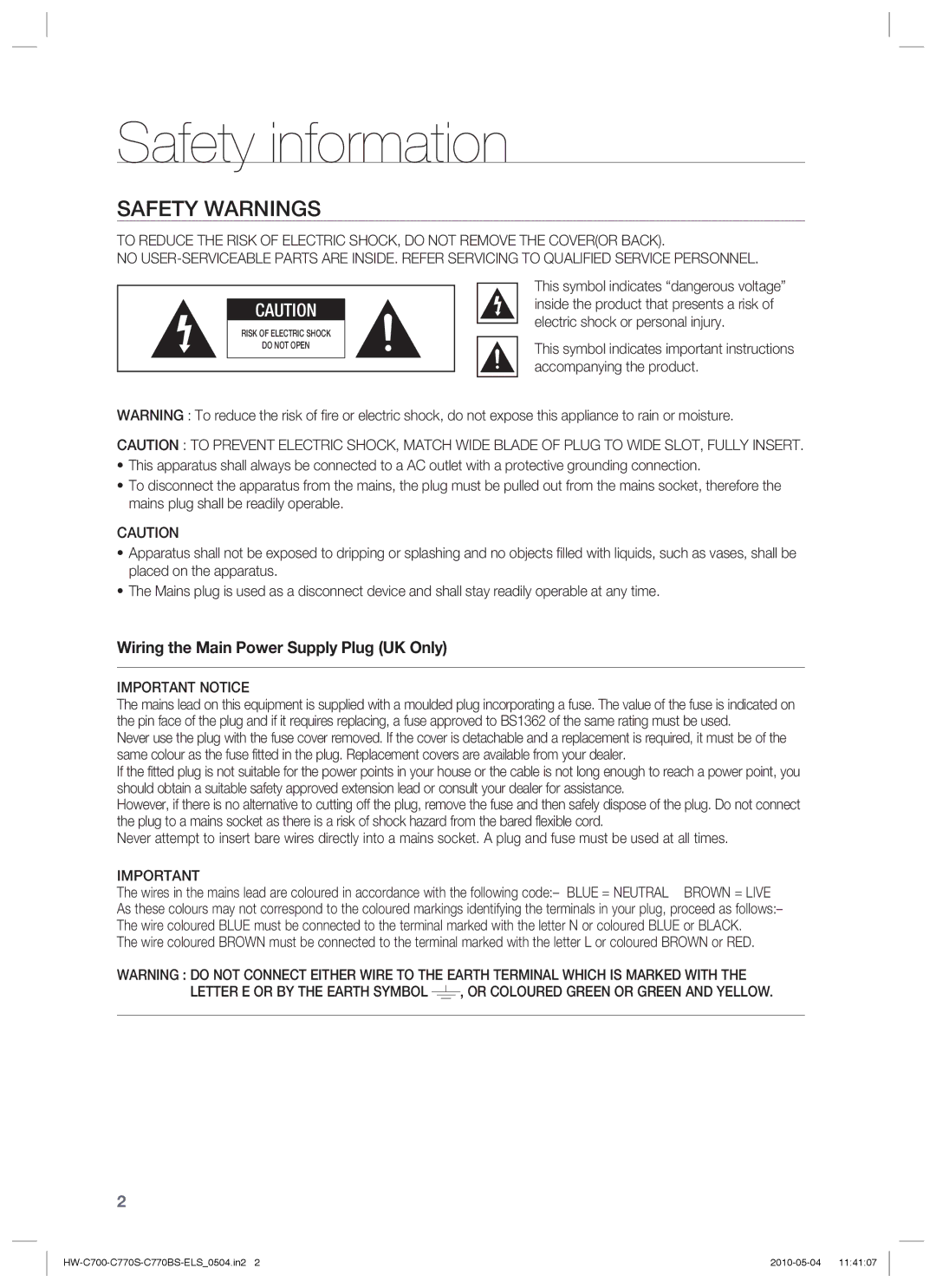 Samsung HW-C700/XEN, HW-C770S/XEN, HW-C700B/XEN, HW-C700/EDC manual Safety information, Safety Warnings, Important Notice 