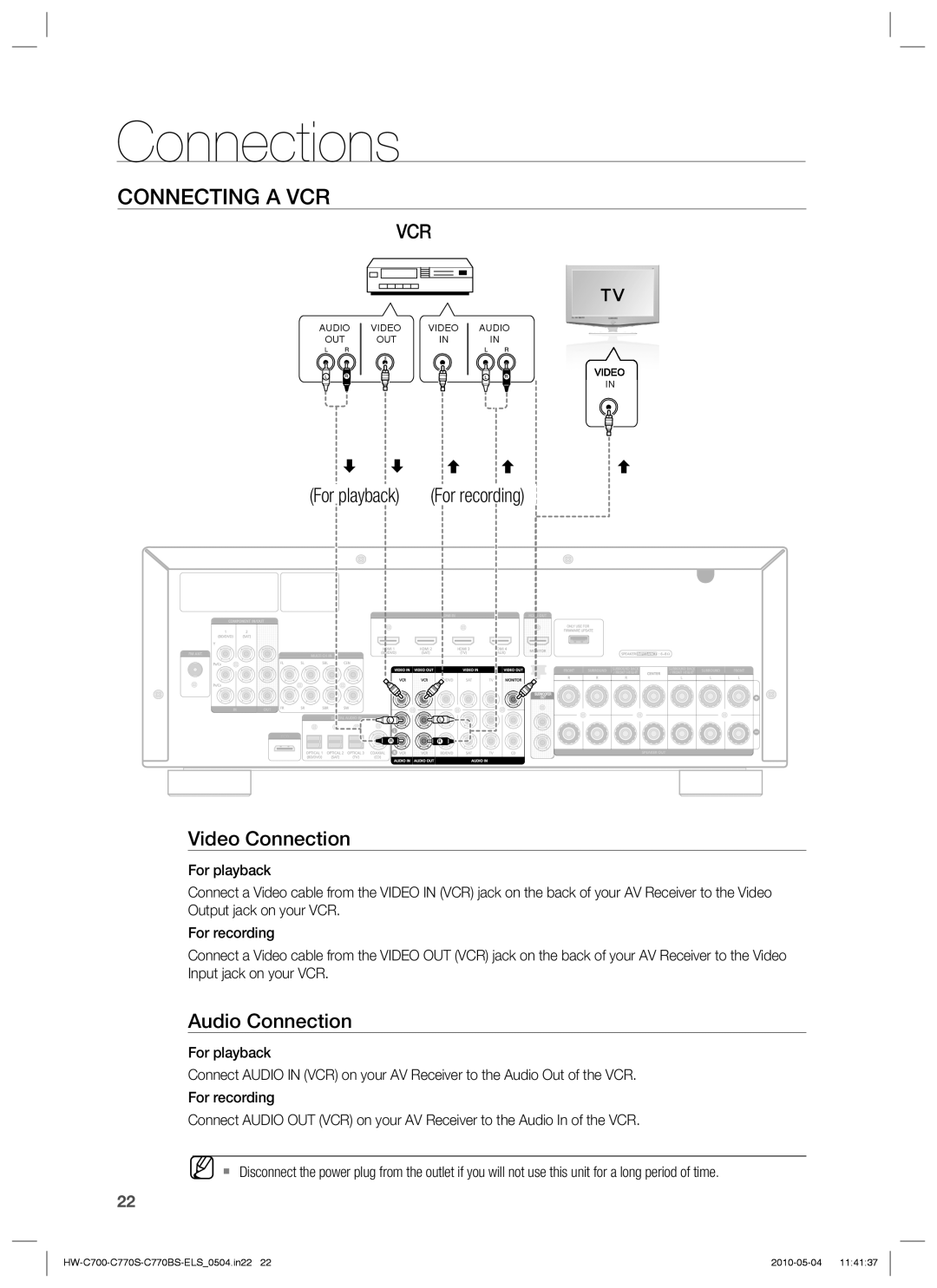 Samsung HW-C770S/EDC, HW-C770S/XEN, HW-C700B/XEN, HW-C700/XEN Connecting a VCR, For playback For recording Video Connection 