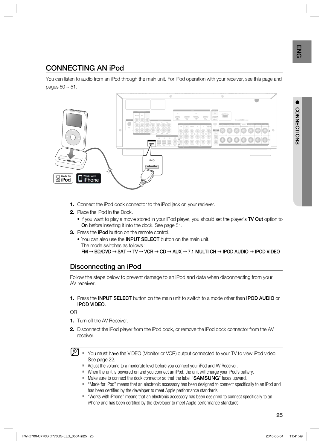 Samsung HW-C700/XEE, HW-C770S/XEN, HW-C700B/XEN, HW-C700/XEN manual Connecting AN iPod, Disconnecting an iPod, Ipod Video 