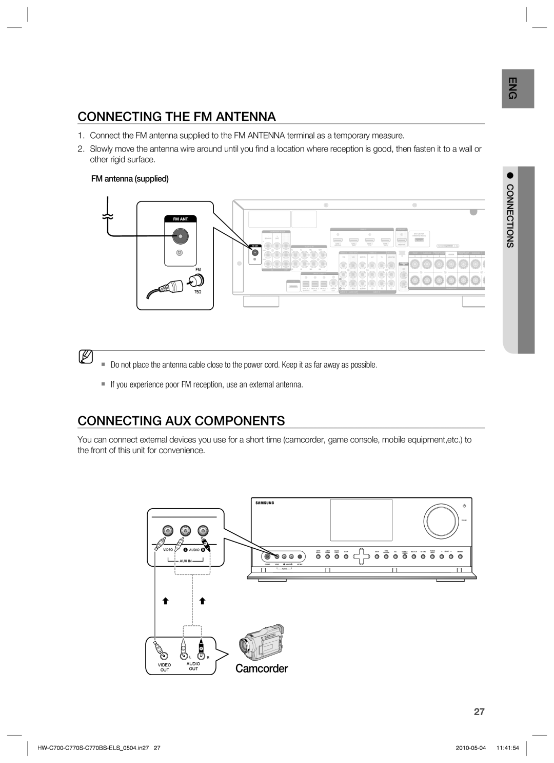 Samsung HW-C770S/XEN, HW-C700B/XEN, HW-C700/XEN, HW-C700/EDC Connecting the FM Antenna, Connecting AUX Components, Camcorder 