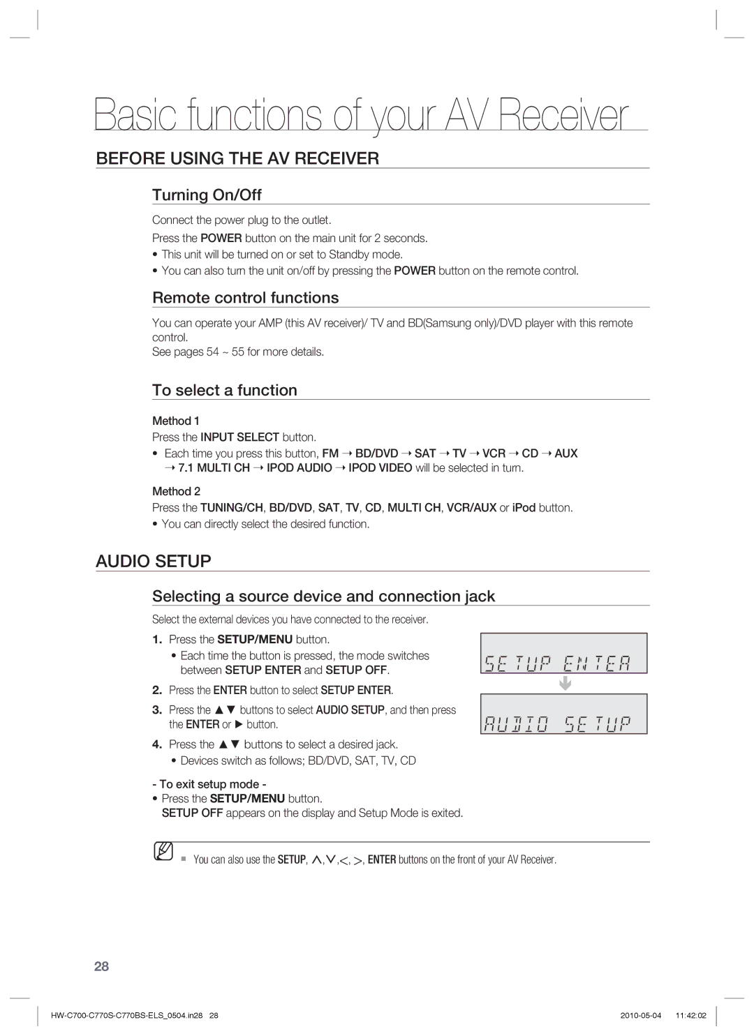 Samsung HW-C700B/XEN, HW-C770S/XEN, HW-C700/XEN, HW-C700/EDC, HW-C770S/EDC manual Before Using the AV Receiver, Audio Setup 