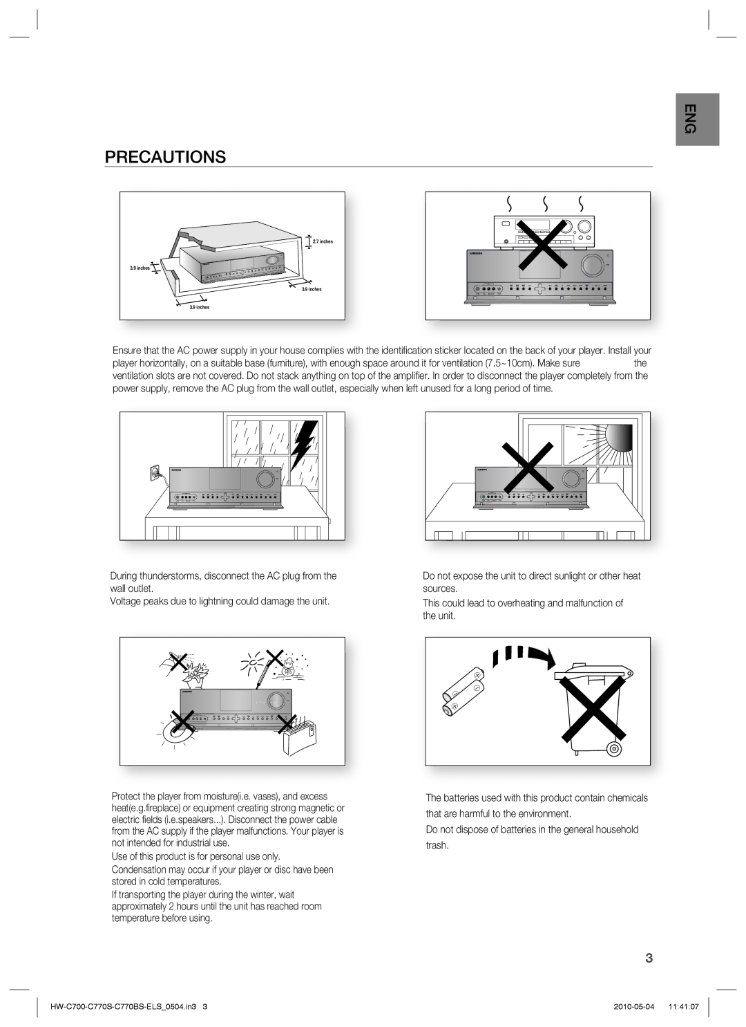 Samsung HW-C700/EDC, HW-C770S/XEN, HW-C700B/XEN, HW-C700/XEN, HW-C770S/EDC, HW-C770S/XEE, HW-C700B/XEE, HW-C700/XEE Precautions 