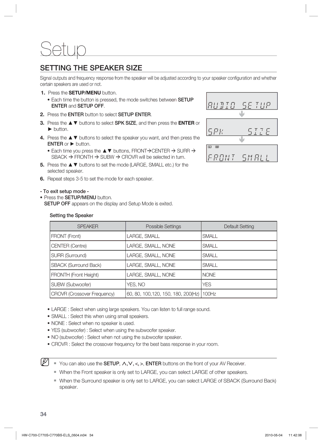 Samsung HW-C700/XEE, HW-C770S/XEN, HW-C700B/XEN, HW-C700/XEN, HW-C700/EDC, HW-C770S/EDC, HW-C770S/XEE Setting the Speaker Size 