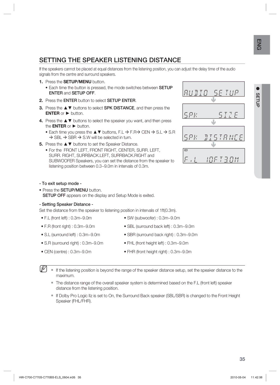 Samsung HW-C700/XAA, HW-C770S/XEN, HW-C700B/XEN, HW-C700/XEN, HW-C700/EDC, HW-C770S/EDC Setting the Speaker Listening Distance 