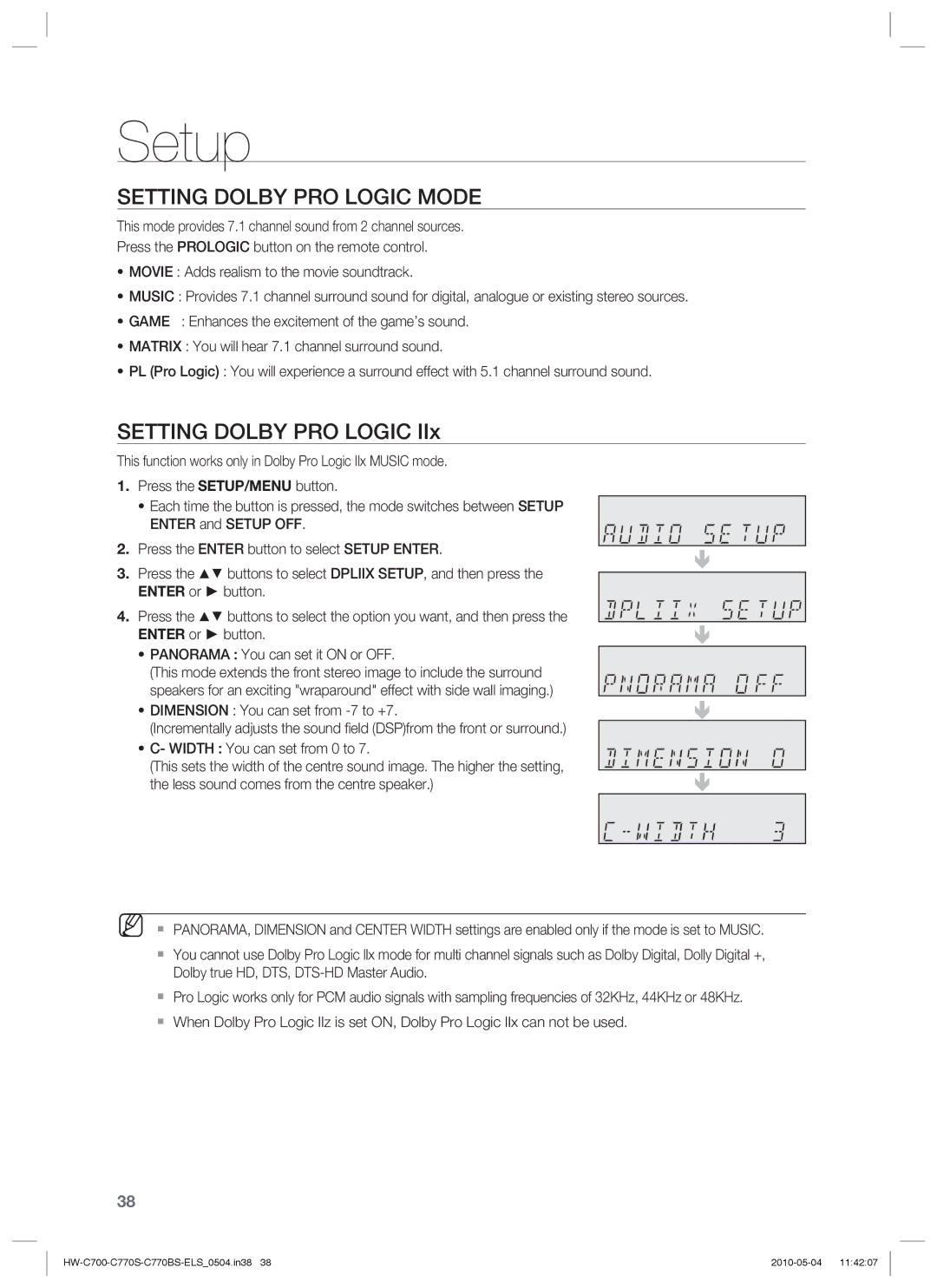 Samsung HW-C700/XEN, HW-C770S/XEN, HW-C700B/XEN, HW-C700/EDC, HW-C770S/EDC, HW-C770S/XEE manual Setting Dolby PRO Logic Mode 