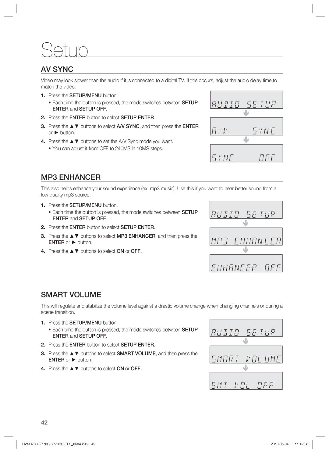 Samsung HW-C700B/XEE, HW-C770S/XEN, HW-C700B/XEN, HW-C700/XEN, HW-C700/EDC, HW-C770S/EDC AV Sync, MP3 Enhancer, Smart Volume 