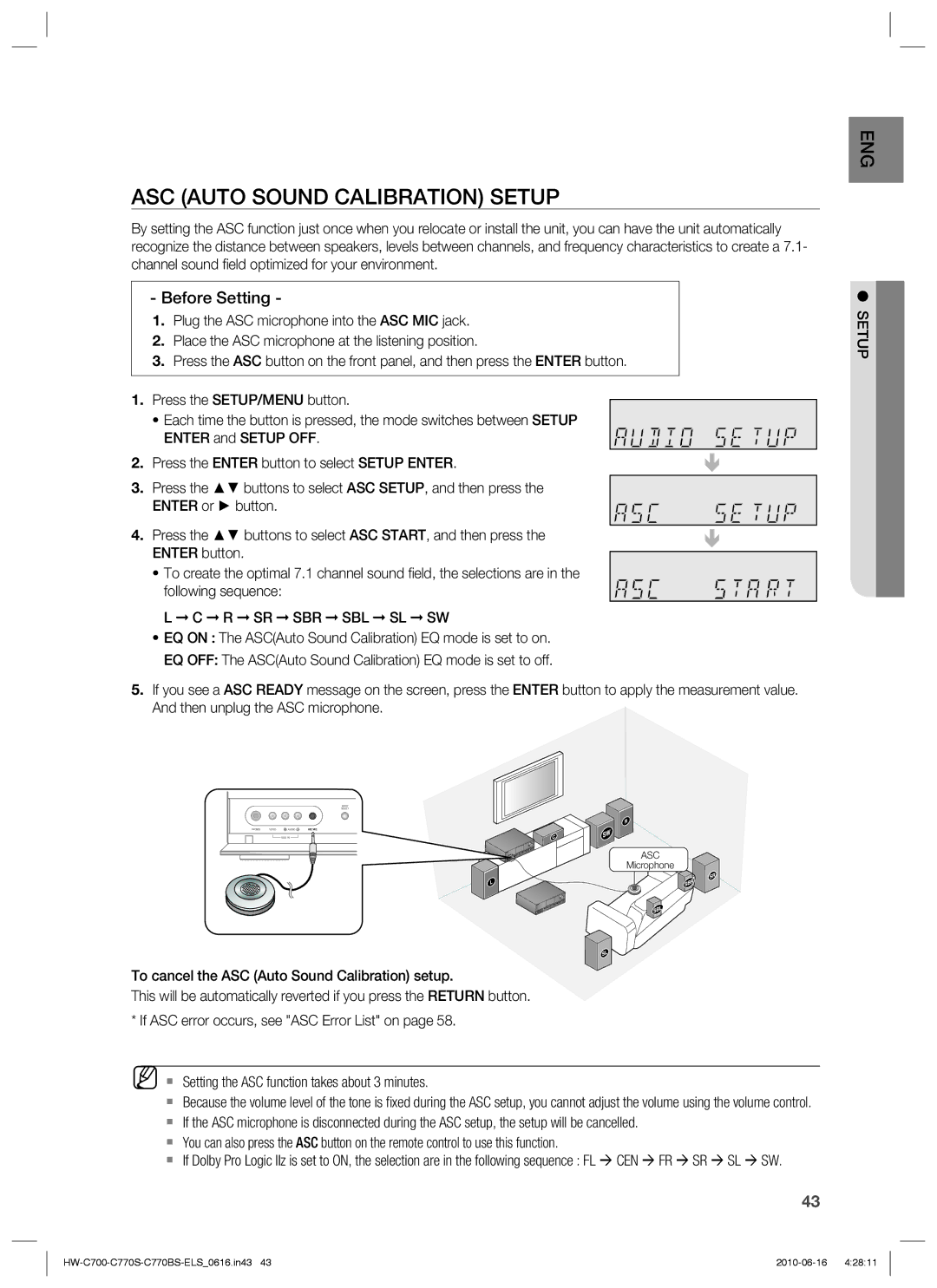 Samsung HW-C700/XEE, HW-C770S/XEN, HW-C700B/XEN, HW-C700/XEN, HW-C700/EDC ASC Auto Sound Calibration Setup, Before Setting 