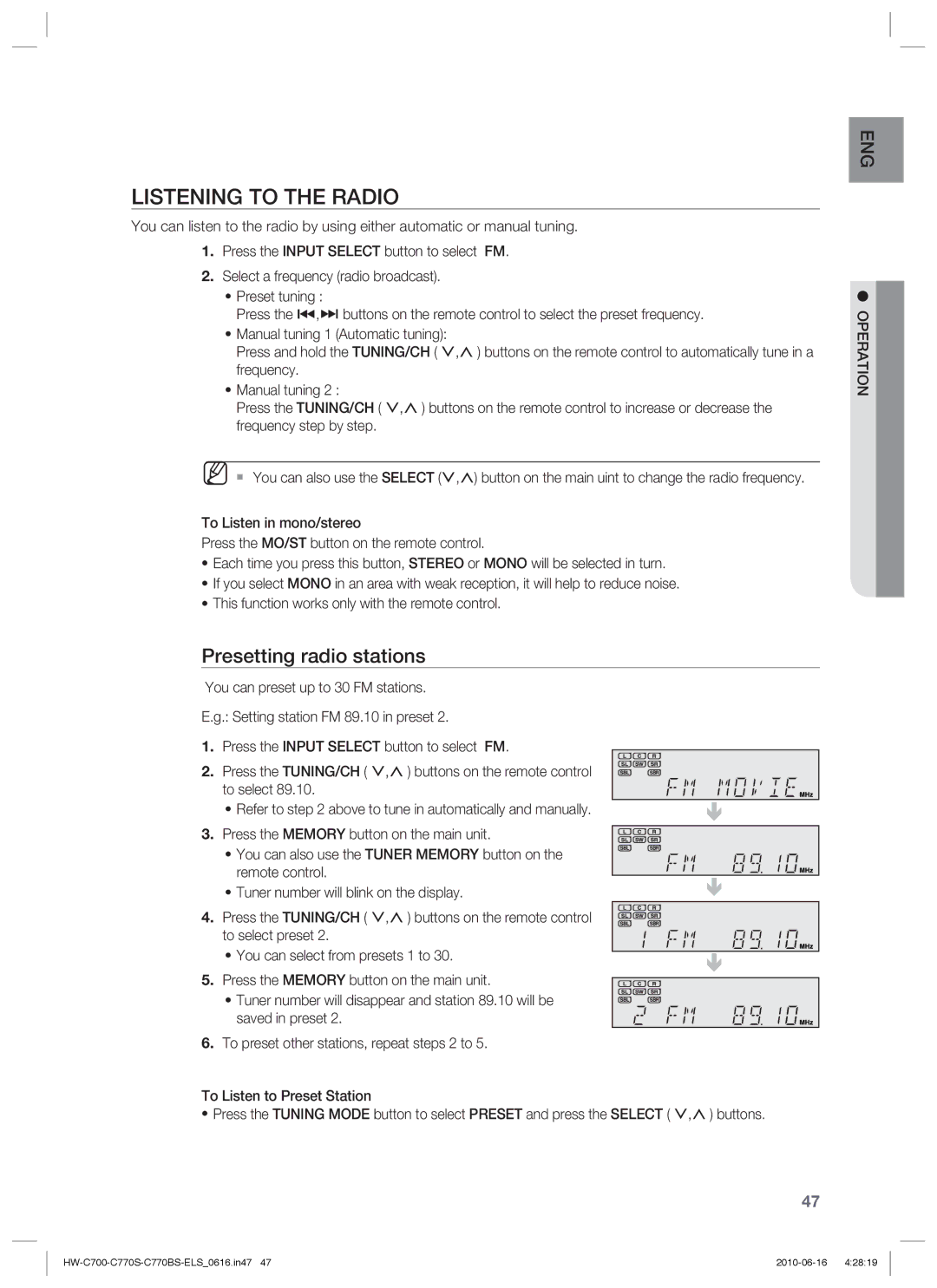 Samsung HW-C700/XEN, HW-C770S/XEN, HW-C700B/XEN, HW-C700/EDC, HW-C770S/EDC Listening to the Radio, Presetting radio stations 