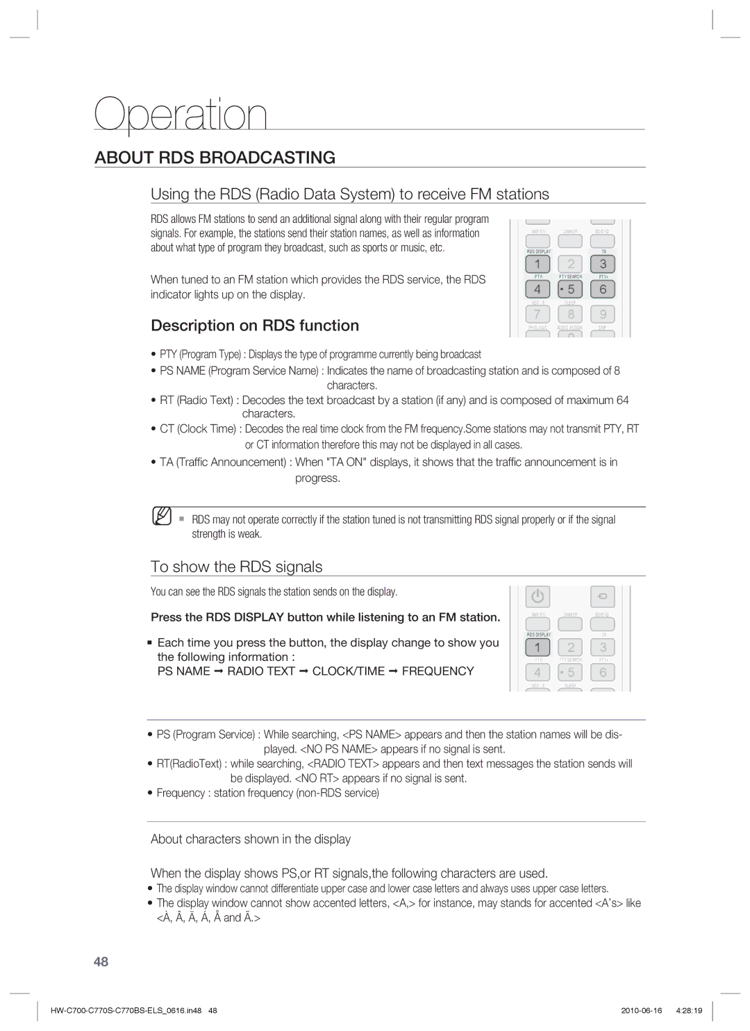 Samsung HW-C700/EDC, HW-C770S/XEN manual About RDS Broadcasting, Using the RDS Radio Data System to receive FM stations 