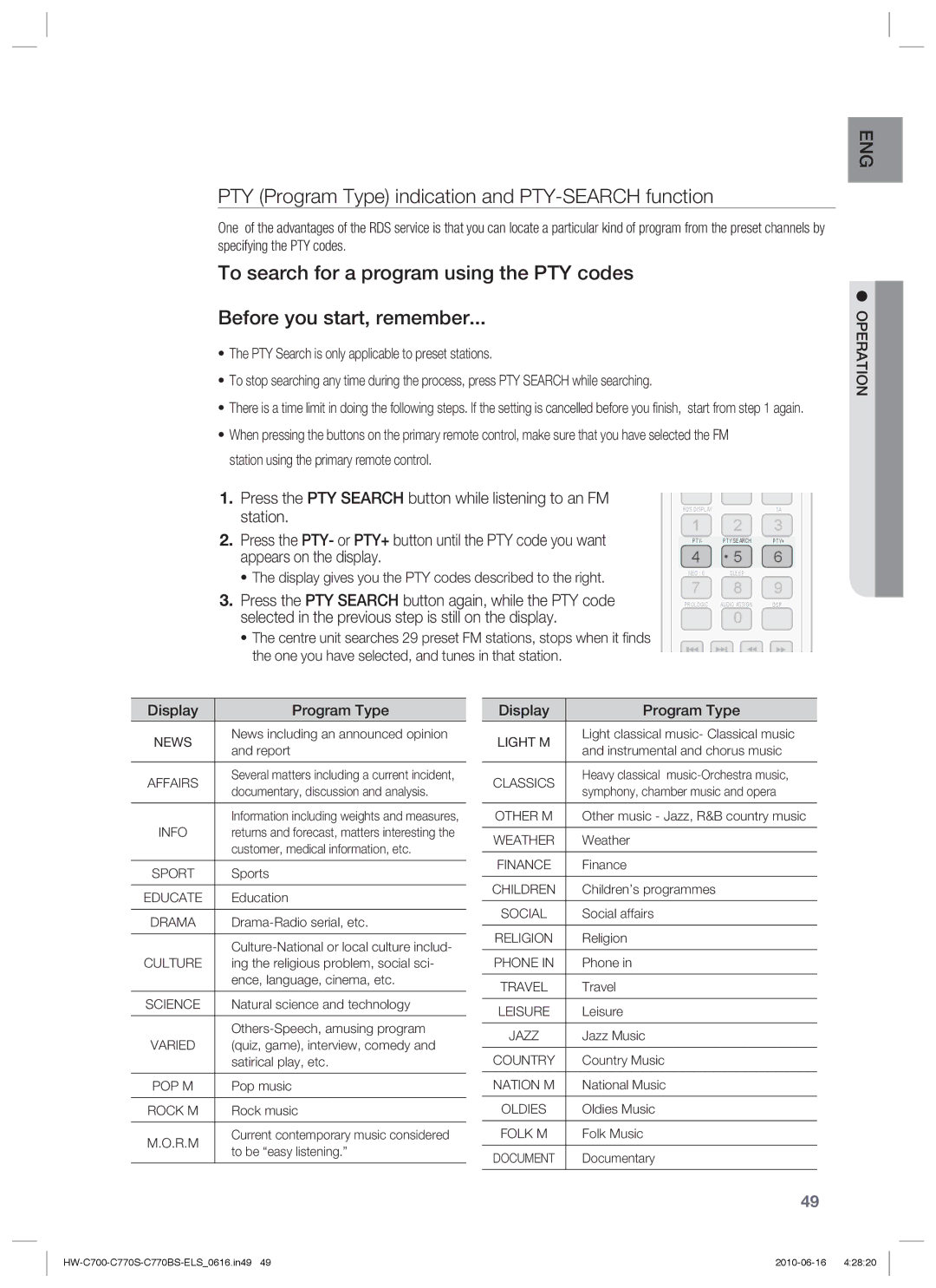 Samsung HW-C770S/EDC, HW-C770S/XEN, HW-C700B/XEN PTY Program Type indication and PTY-SEARCH function, Display Program Type 