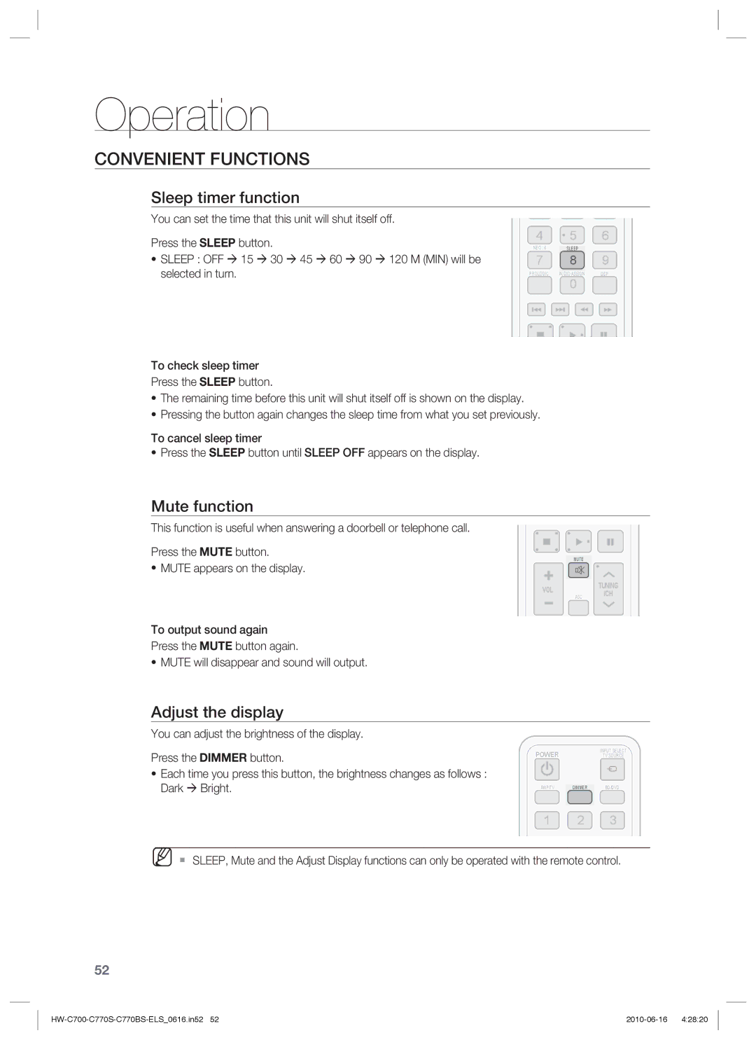 Samsung HW-C700/XEE, HW-C770S/XEN manual Convenient Functions, Sleep timer function, Mute function, Adjust the display 