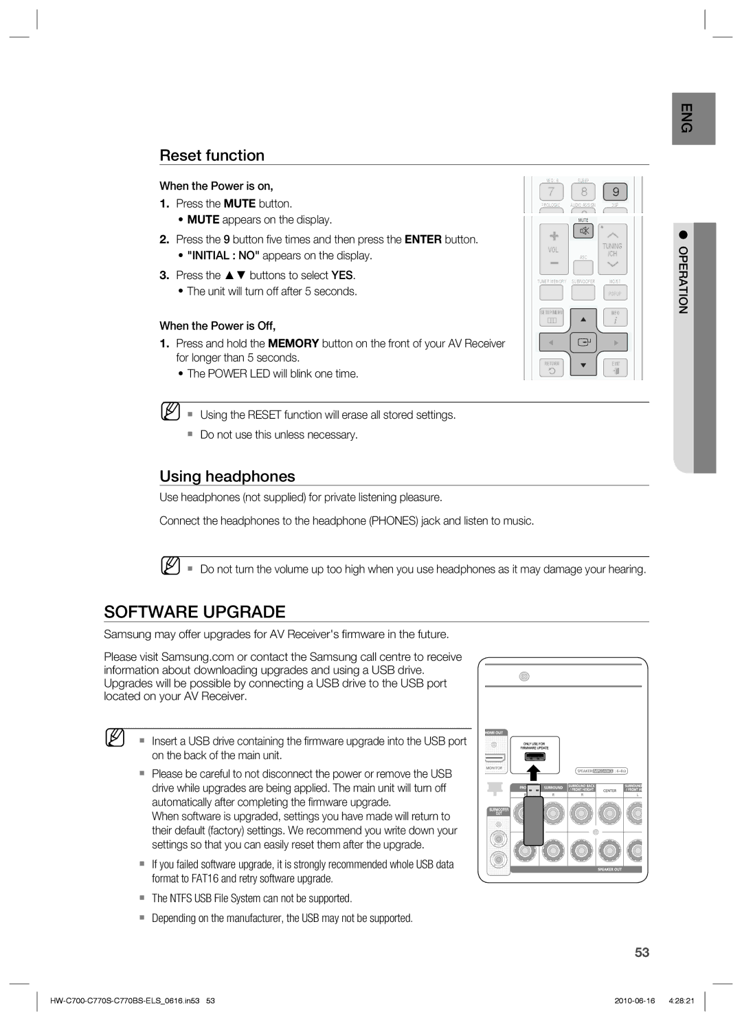 Samsung HW-C700/XAA, HW-C770S/XEN, HW-C700B/XEN, HW-C700/XEN, HW-C700/EDC Software Upgrade, Reset function, Using headphones 