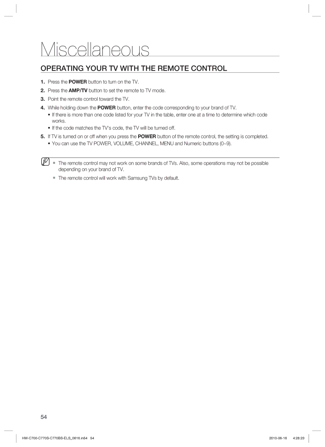 Samsung HW-C770S/XEN, HW-C700B/XEN, HW-C700/XEN, HW-C700/EDC manual Miscellaneous, Operating Your TV with the Remote Control 