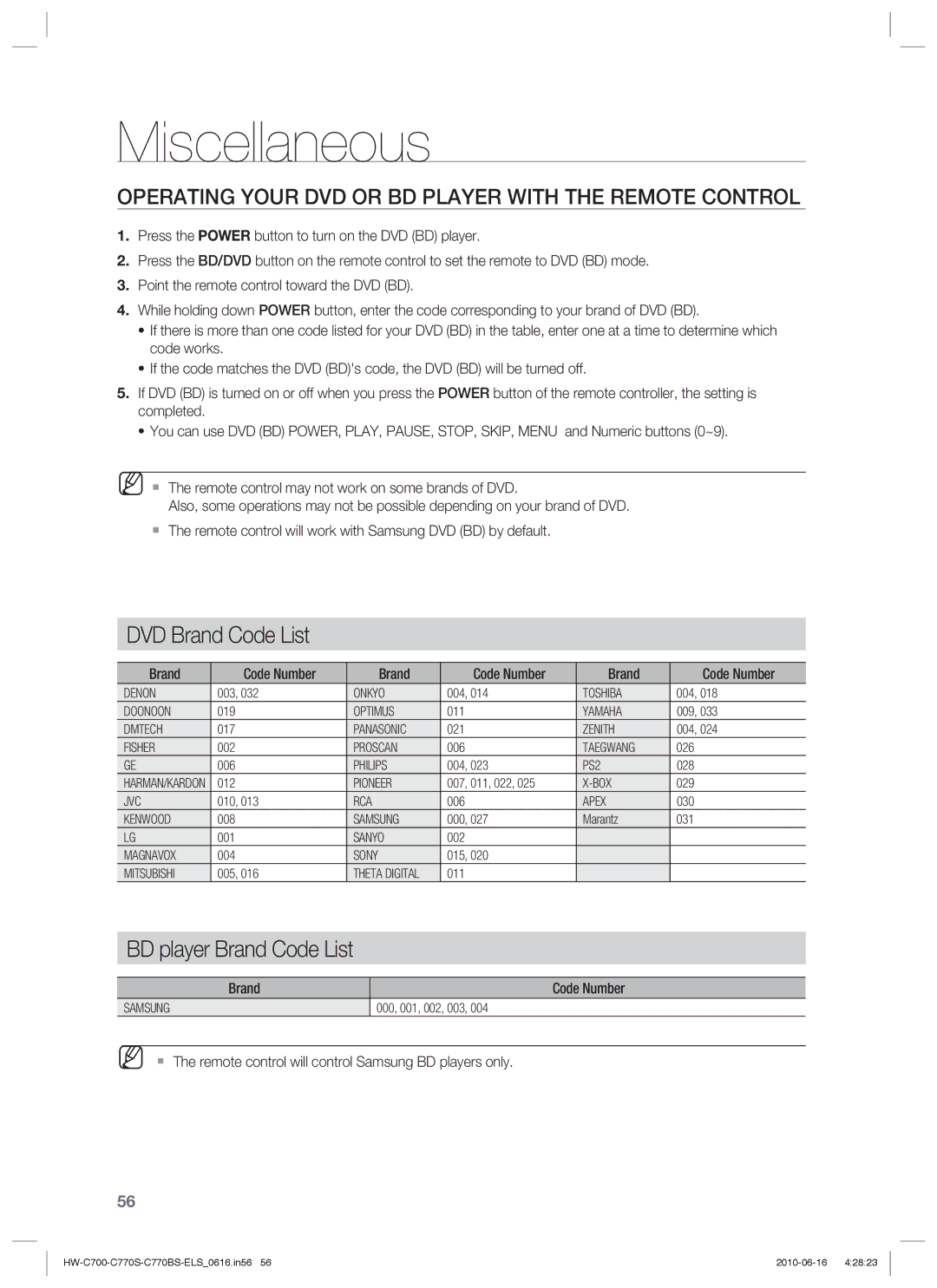 Samsung HW-C700/XEN, HW-C770S/XEN, HW-C700/EDC DVD Brand Code List, Operating Your DVD or BD Player with the Remote Control 