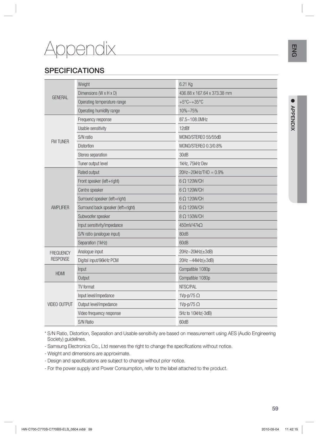 Samsung HW-C770S/XEE, HW-C770S/XEN, HW-C700B/XEN, HW-C700/XEN, HW-C700/EDC, HW-C770S/EDC Appendix, Specifications, Ntsc/Pal 