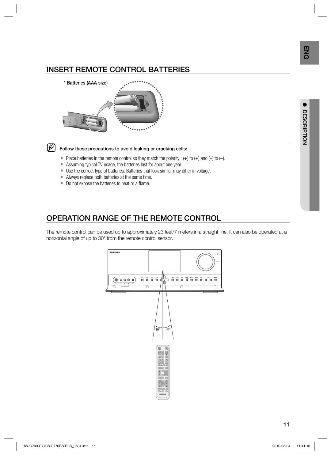 Samsung HW-C700/XEN manual Insert Remote Control Batteries, Operation Range Of The Remote Control, Batteries AAA size 