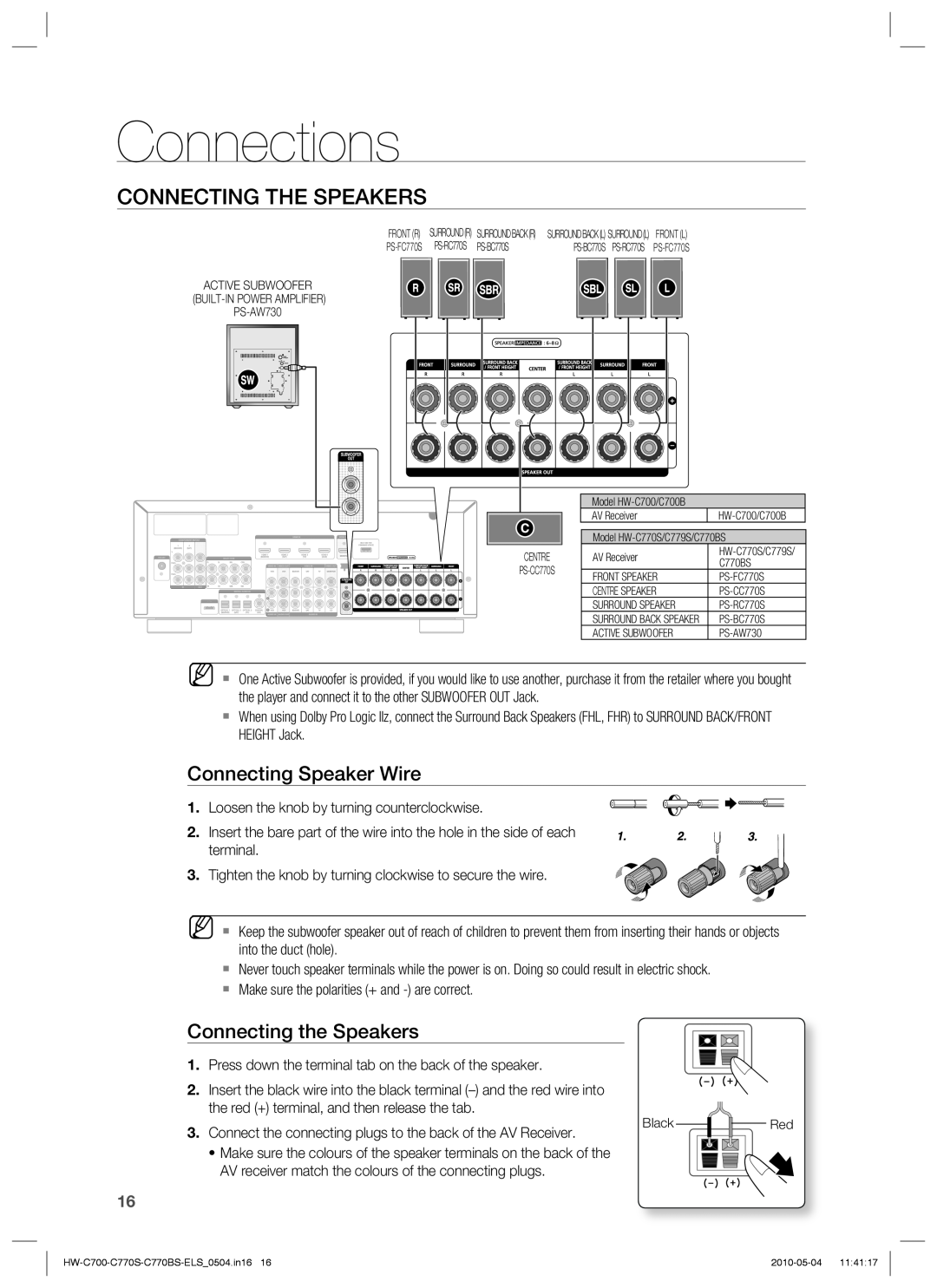 Samsung HW-C700/XEE, HW-C770S/XEN Connections, Connecting The Speakers, Connecting Speaker Wire, Connecting the Speakers 