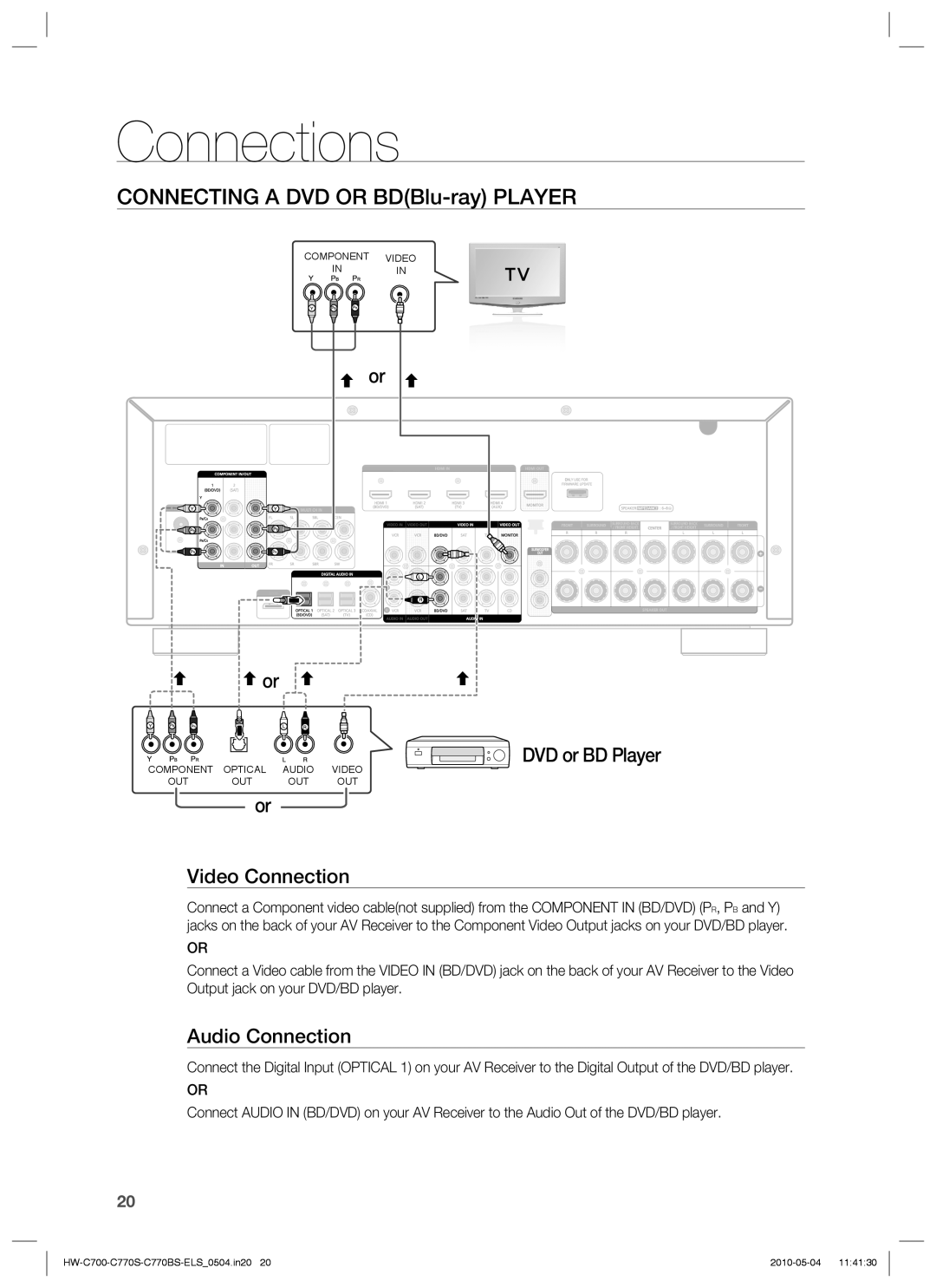 Samsung HW-C700/XEN manual Connections, CONNECTING A DVD OR BDBlu-ray PLAYER, or or DVD or BD Player, or Video Connection 