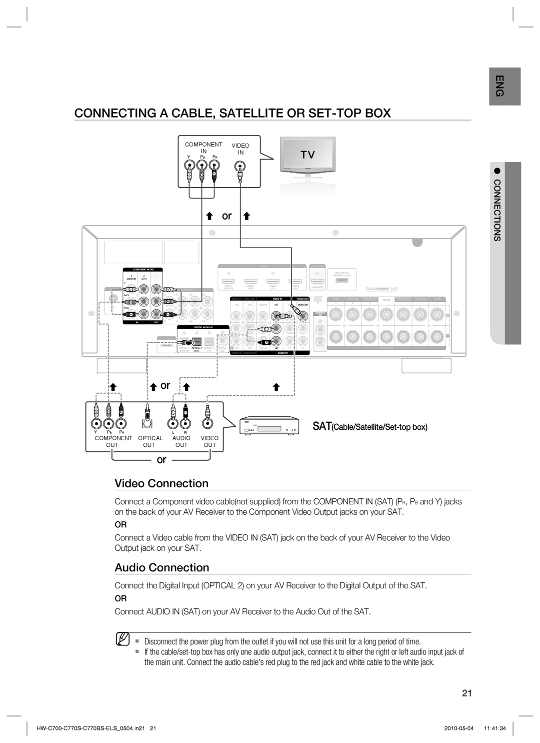 Samsung HW-C700/EDC manual Connecting A Cable, Satellite Or Set-Top Box, or or, or Video Connection, Audio Connection 