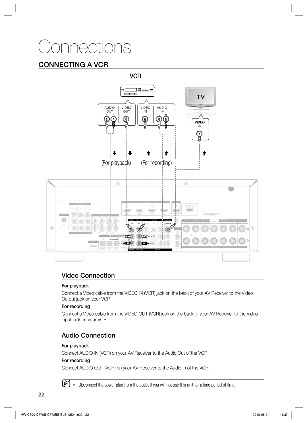 Samsung HW-C770S/EDC manual Connections, Connecting A Vcr, For playback For recording Video Connection, Audio Connection 