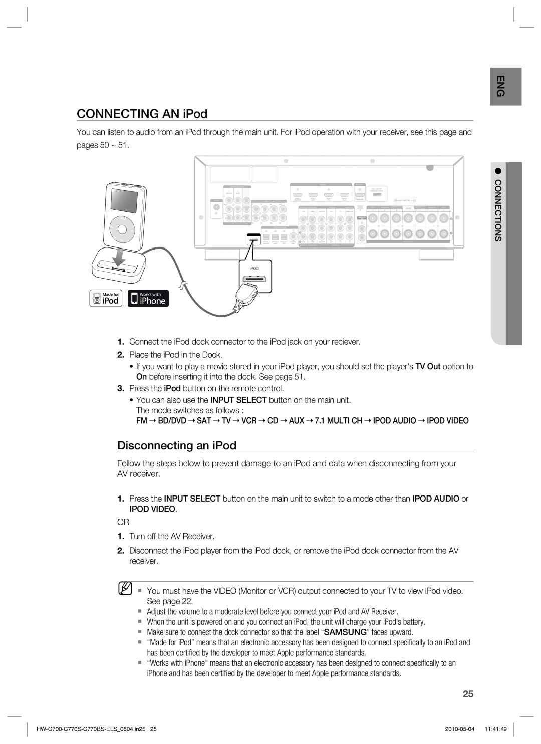 Samsung HW-C700/XEE, HW-C770S/XEN, HW-C700B/XEN, HW-C700/XEN, HW-C700/EDC manual CONNECTING AN iPod, Disconnecting an iPod 