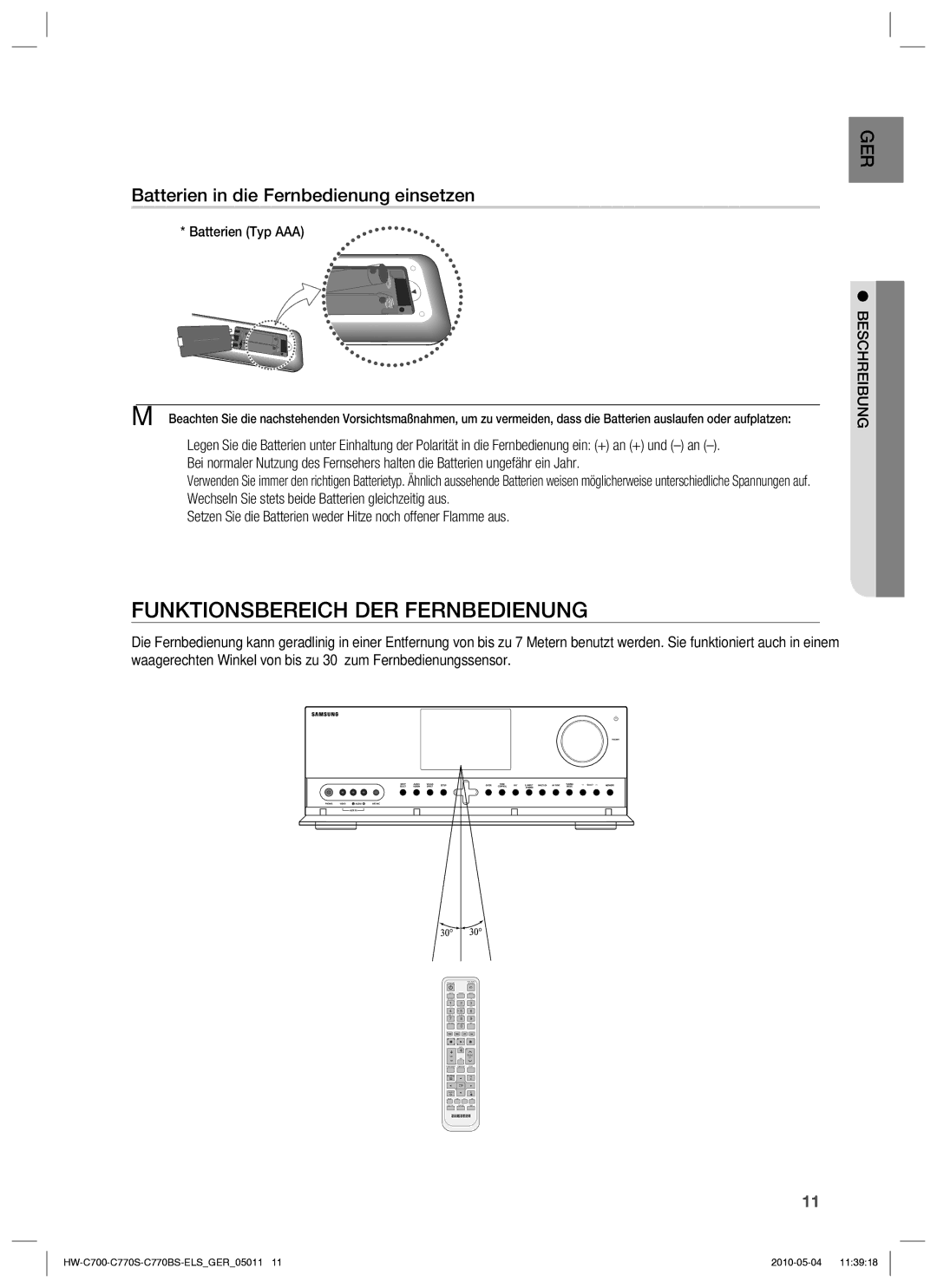 Samsung HW-C700/EDC, HW-C770S/XEN, HW-C700/XEN Funktionsbereich DER Fernbedienung, Batterien in die Fernbedienung einsetzen 