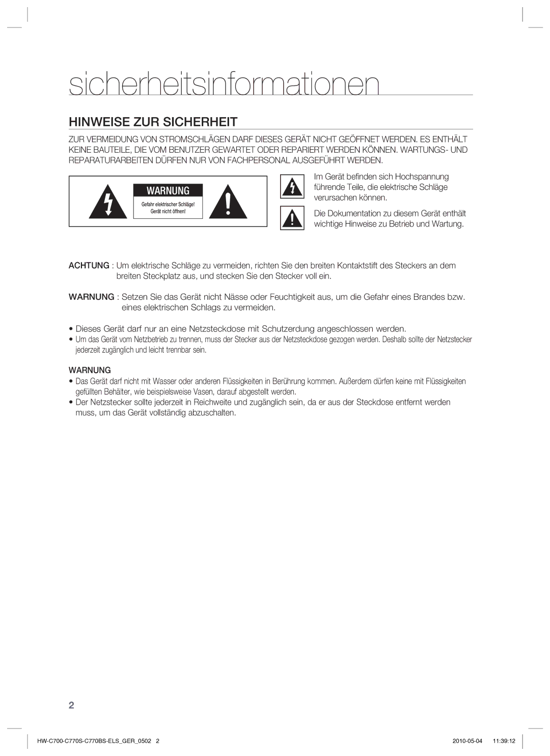 Samsung HW-C700/XEN, HW-C770S/XEN, HW-C700B/XEN, HW-C700/EDC manual Sicherheitsinformationen, Hinweise ZUR Sicherheit, Warnung 