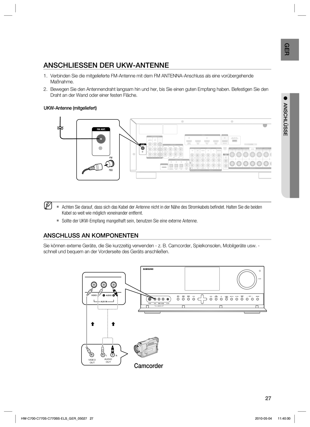 Samsung HW-C700/EDC, HW-C770S/XEN, HW-C700B/XEN, HW-C700/XEN manual Anschliessen DER UKW-ANTENNE, Camcorder 