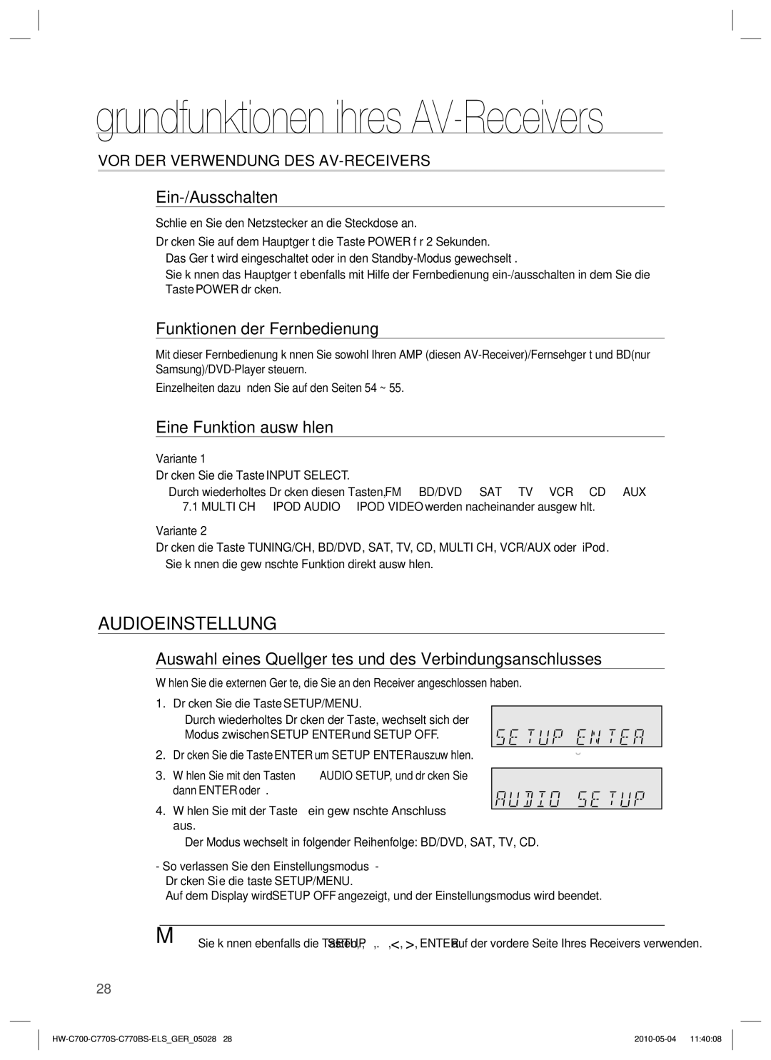 Samsung HW-C770S/XEN manual Audioeinstellung, Ein-/Ausschalten, Funktionen der Fernbedienung, Eine Funktion auswählen 