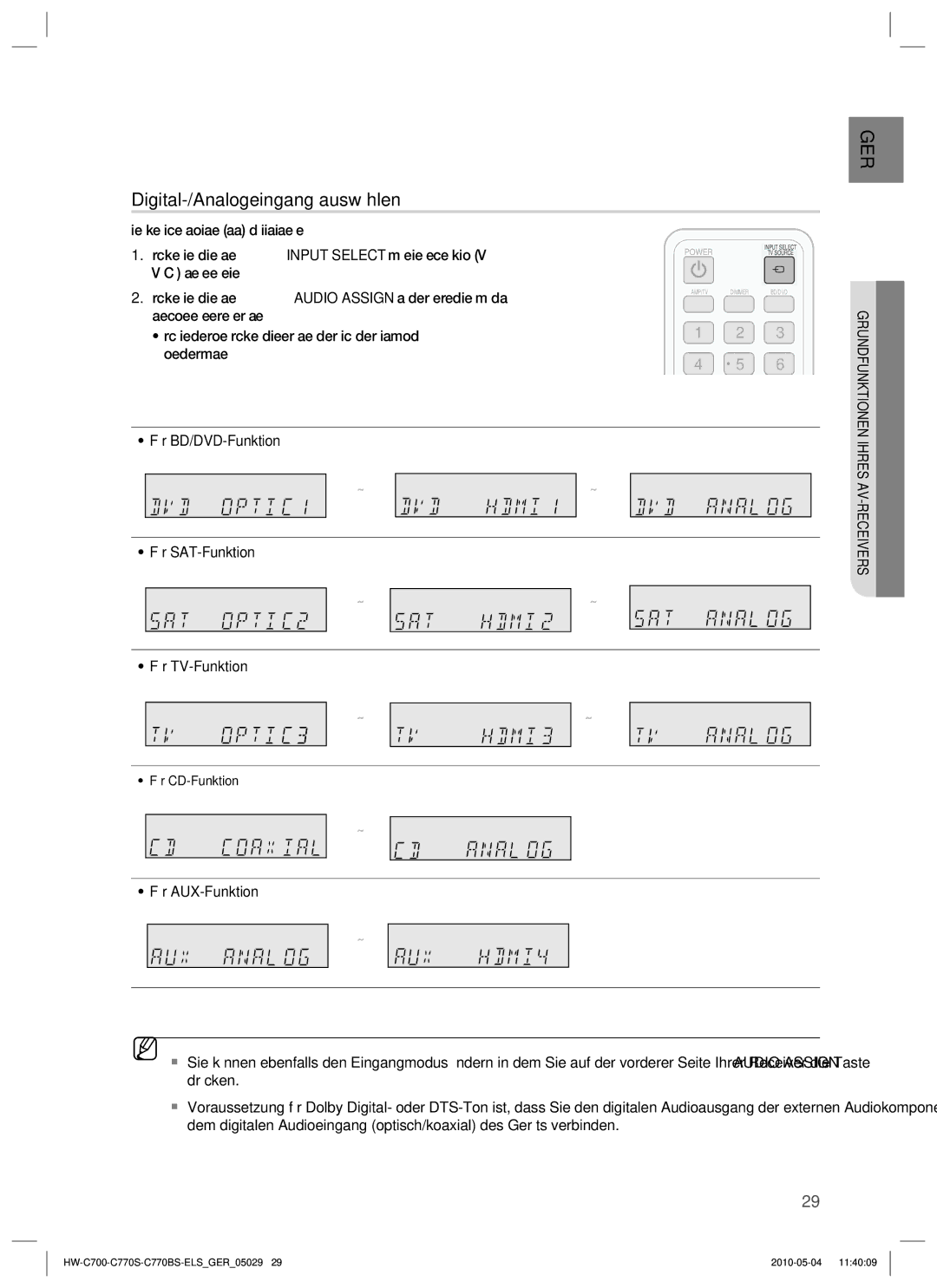 Samsung HW-C700B/XEN, HW-C770S/XEN, HW-C700/XEN, HW-C700/EDC manual Für BD/DVD-Funktion Für SAT-Funktion Für TV-Funktion 