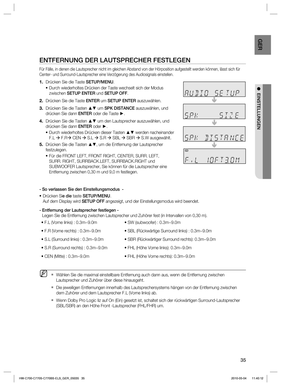 Samsung HW-C700/EDC, HW-C770S/XEN, HW-C700B/XEN, HW-C700/XEN Entfernung DER Lautsprecher Festlegen, Surround links 0.3m~9.0m 